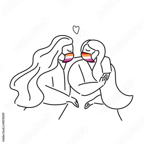 Plus Size, overweight Couple woman in love wearing lesbian flag color mask, hand draw doodle cartoon flat vector illustration for valentine's day concept.