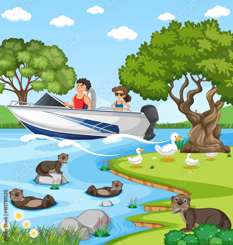 River forest scene with traveller on a speed boat