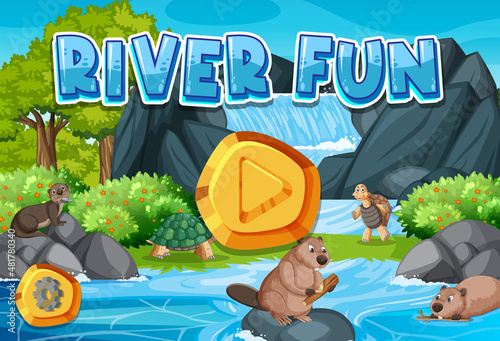 Canvas Print River fun game template with wild animals