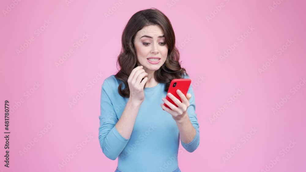 Lady use device send wrong picture comment isolated pastel color background