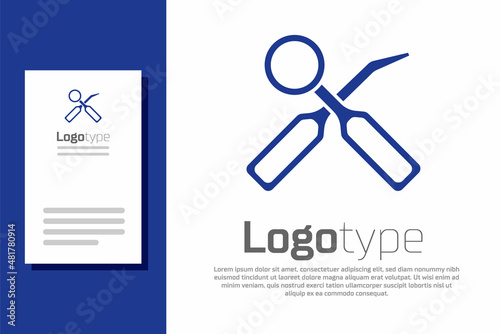 Blue Dental inspection mirror and explorer scaler icon isolated on white background. Tool dental checkup. Logo design template element. Vector