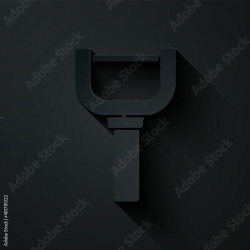 Paper cut Peeler icon isolated on black background. Knife for cleaning of vegetables. Kitchen item, appliance. Paper art style. Vector