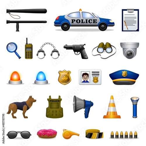 Police equipment icons set cartoon vector. Handcuff tech