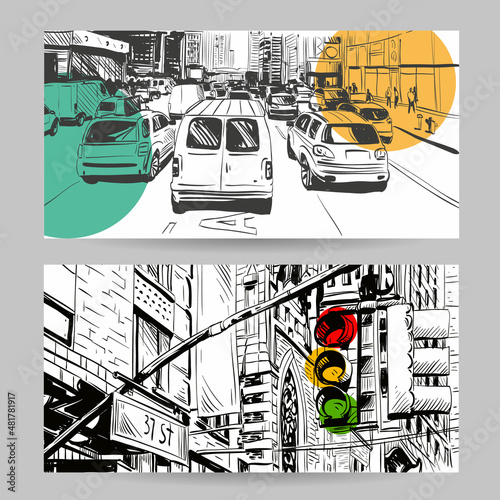 Set of city sketch banner design elements, vector illustration