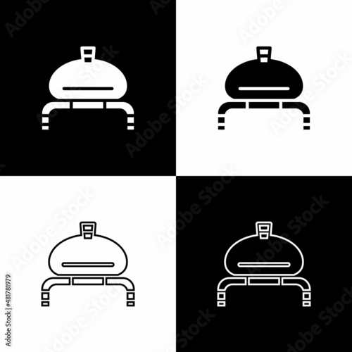 Set Bread and salt on towel icon isolated on black and white background. National food loaf. Traditional ukrainian wedding bread. Vector