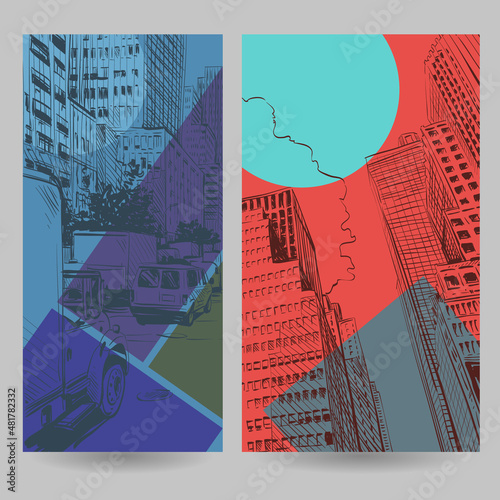 Set of city sketch banner design elements, vector illustration