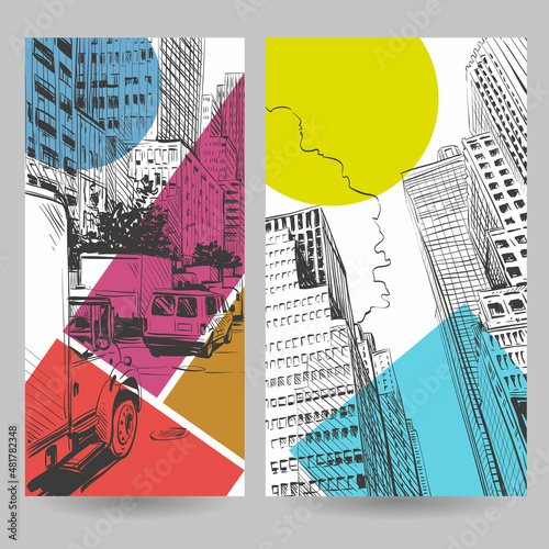 Set of city sketch banner design elements, vector illustration