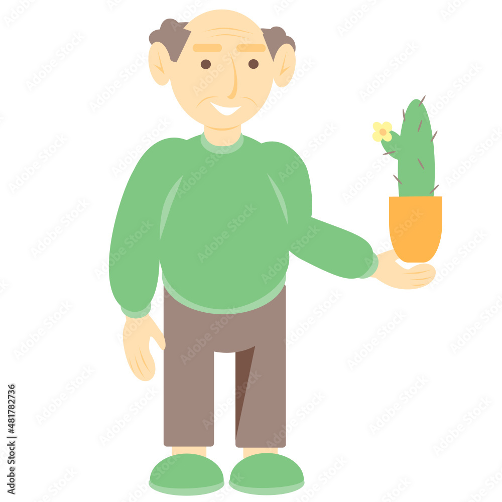 Vector illustration of a grandfather with a cactus in a pot. Holding a blooming cactus. Isolated Vector illustration of a grandfather with a cactus in a pot. Holding a blooming cactus. Isolated