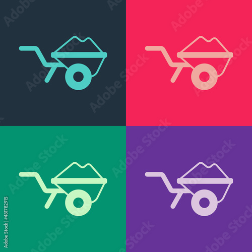 Pop art Wheelbarrow with dirt icon isolated on color background. Tool equipment. Agriculture cart wheel farm. Vector