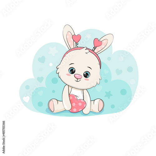 Cute cartoon bunny with heart. Illustration for valentine's day card design.Rabbit on blue background