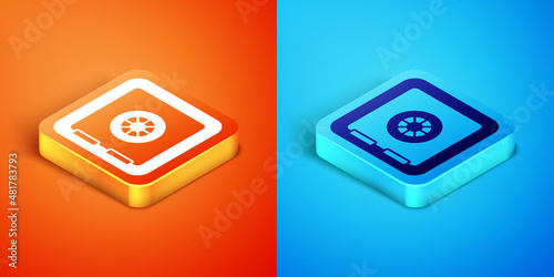 Isometric Safe icon isolated on orange and blue background. The door safe a bank vault with a combination lock. Reliable Data Protection. Vector