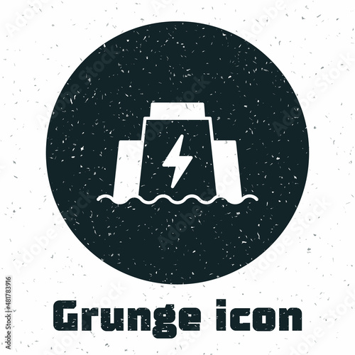 Grunge Hydroelectric dam icon isolated on white background. Water energy plant. Hydropower. Hydroelectricity. Monochrome vintage drawing. Vector