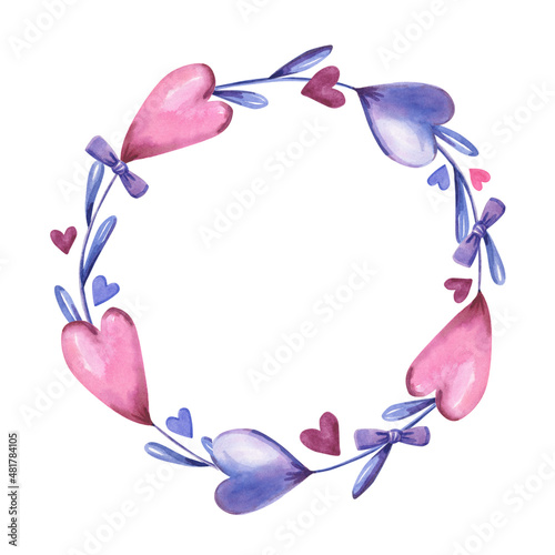 Watercolor wreath with pink, purple flowers and hearts on white background.