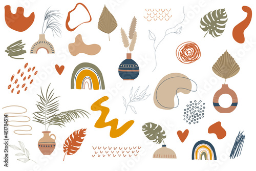 Hand drawn abstract collection Ceramic Vase with abstract various doodle shapes and lines. Flower vases, earthenware jugs in earthy tone. Boho style. Vector illustration isolated on white background.
