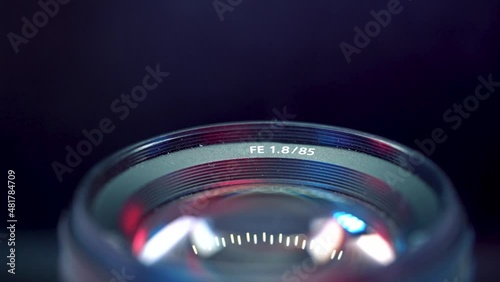 Closeup of popular Sony 85mm f1.8 lens. Professional photography equipment, scenic studio shot photo