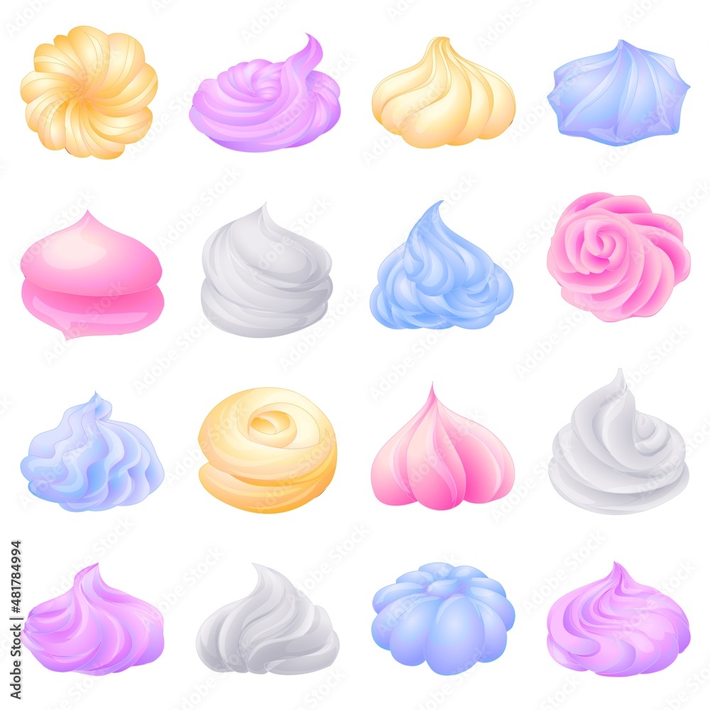 Meringue icons set cartoon vector. Bakery cake