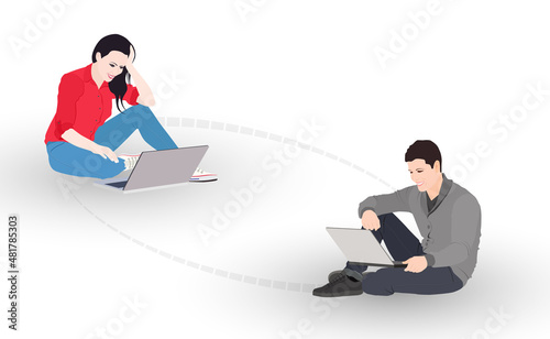 Online dating of boys and girls. Vector illustration of abstract figures of a girl and a boy with laptops talking on Skype.
