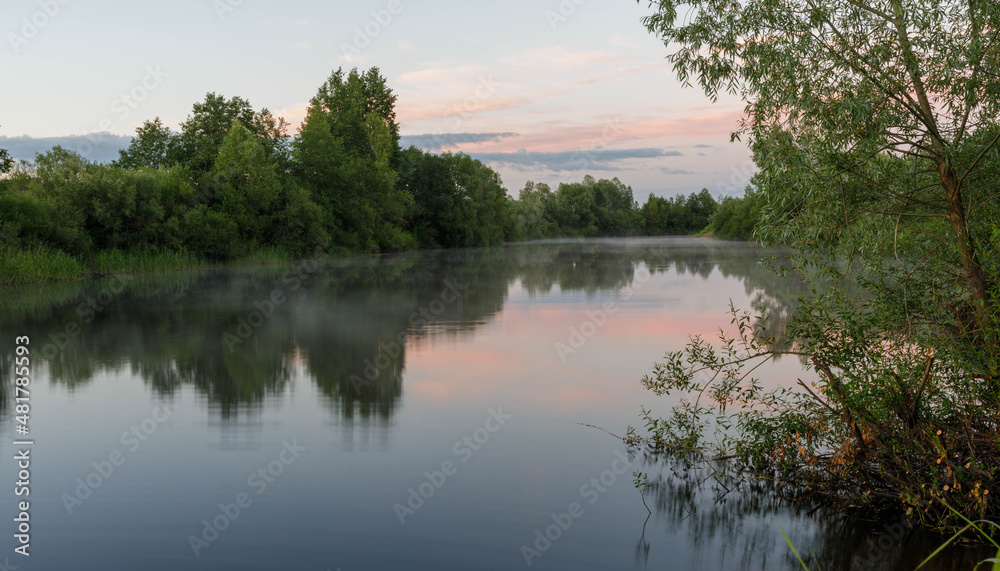 Evening on a river, trees reflection in water. Fog on the forest river