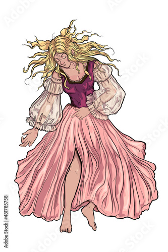 Sleeping beauty. Beautiful princess in fairy dress and disheveled hair lies immersed in sleep. Fairy tale character. Black and white vector illustration