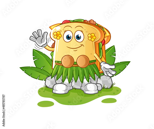 sandwich hawaiian waving character. cartoon mascot vector