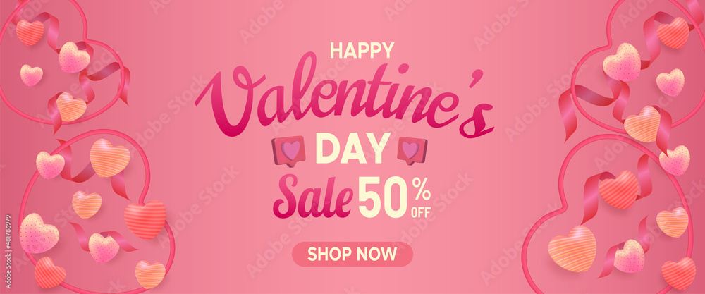 Valentines day sale background with 3d sweethearts shaped balloons and pink ribbons