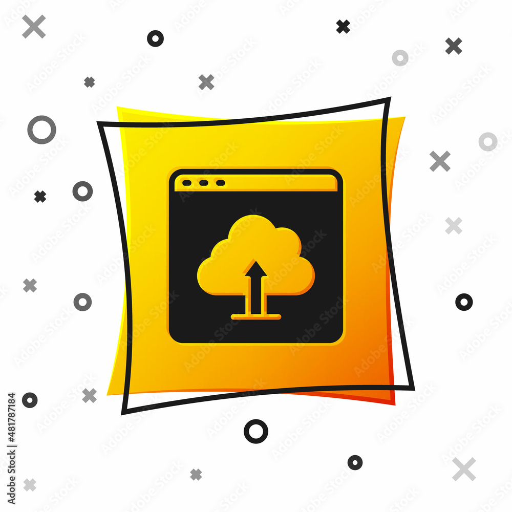Black Cloud upload icon isolated on white background. Yellow square button. Vector Black Cloud upload icon isolated on white background. Yellow square button. Vector
