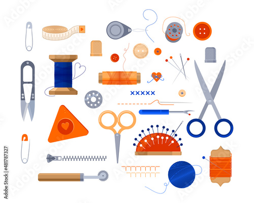 Sewing kit, sewing business. Needlework concept. Vector illustrations of sewing tools, equipment and accessories.