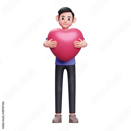 boy hugging pink heart 3d character illustration, boy celebrating valentine's day 3d illustration