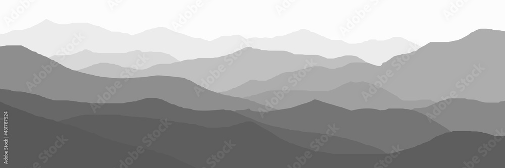 Mountain ranges in the morning haze, black and white landscape, banner	