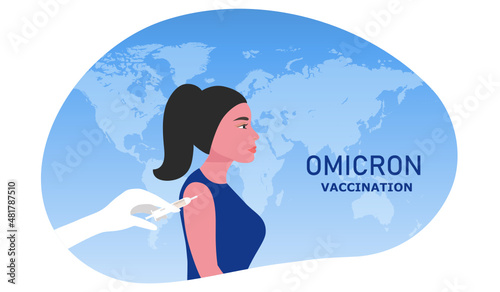 Doctor hand giving vaccine for protect Omicron variant B.1.1.529 of COVID-19, new strain of coronavirus. Vaccination and prevention against covid-19 coronavirus disease vector illustration
