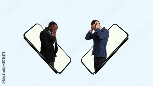 Collage of two men, businessmen sticking out phoe screen and holding head in despair isolated over blue background photo