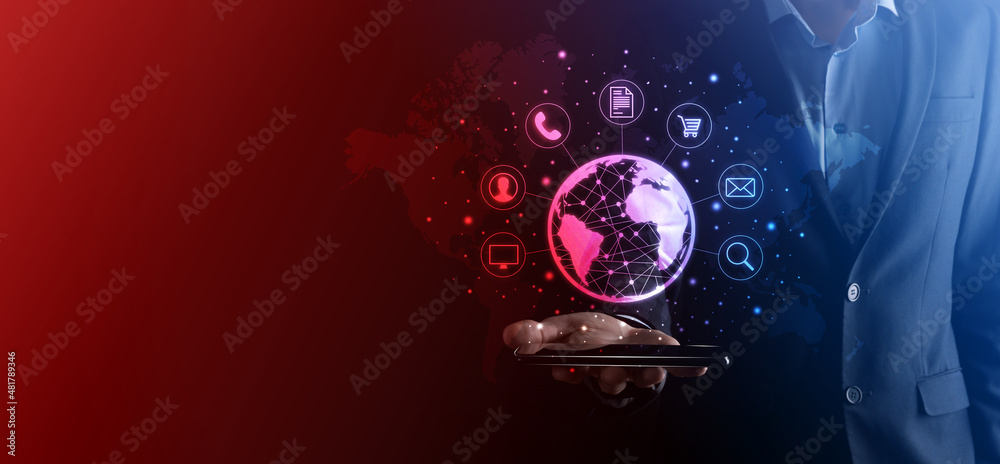 Fototapeta premium Business man hiold, use,press infographic icon of community technology digital.Concept of hi tech and big data. Global connection.IoT Internet of Things . ICT Information Communication Network .
