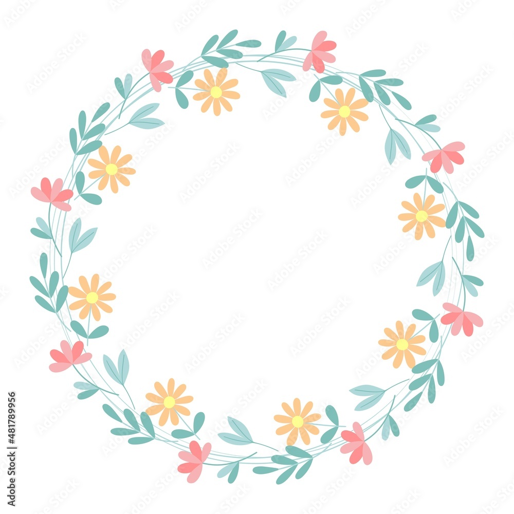 Circular floral frame. Spring botanical wreath with flowers and greenery. Rim blooming wild flowers, vector isolated illustration