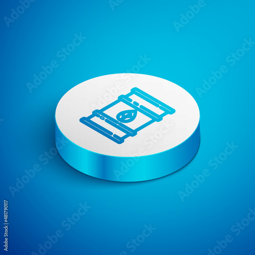Isometric line Bio fuel barrel icon isolated on blue background. Eco bio and canister. Green environment and recycle. White circle button. Vector