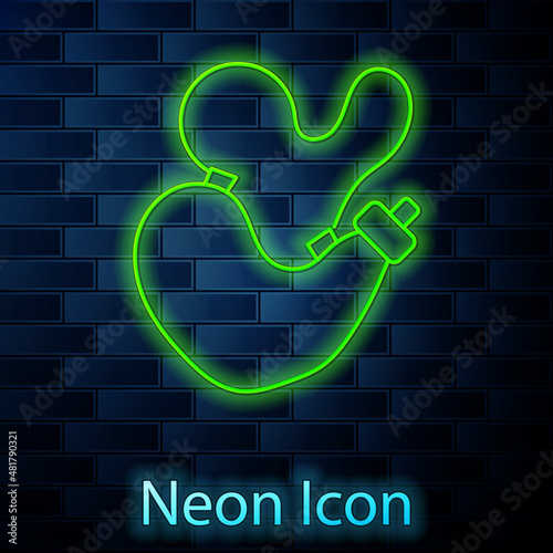 Glowing neon line Spanish wineskin icon isolated on brick wall background. Vector