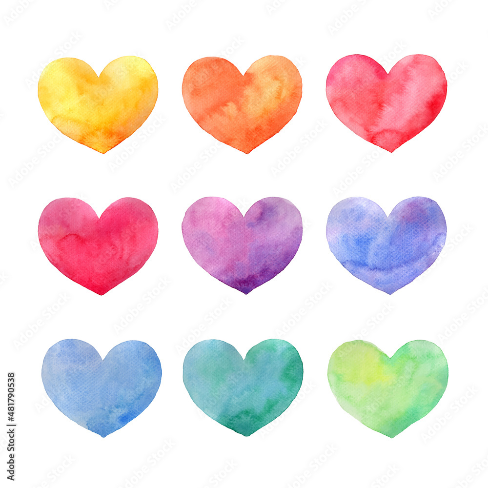 Set of colorful watercolor hearts for valentines day, holiday, health care and wedding decoration.