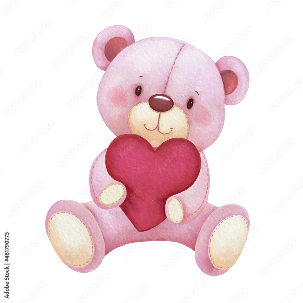 Valentines Day card with cute teddy bear hugging red heart shaped