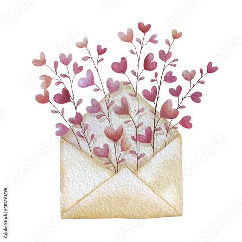 Opened envelope with branches of heart flowers. Love letter for Valentines day.