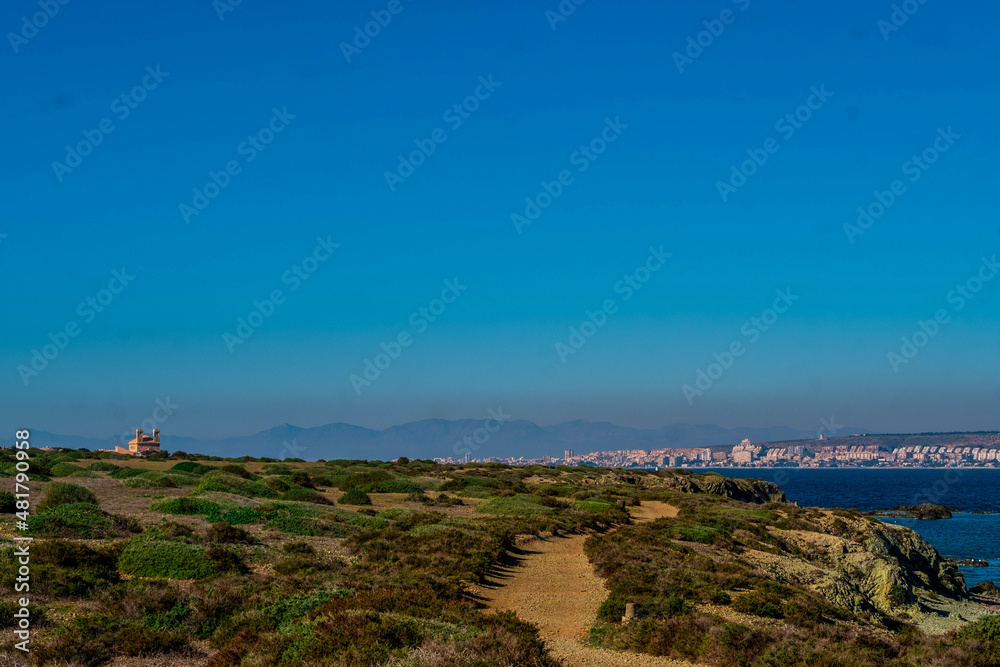View of Santa Pola from the old island of Tabarca, in the Spanish Mediterranean, in front of Santa Pola, Alicante