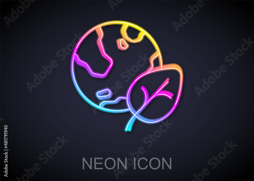 Glowing neon line Earth globe and leaf icon isolated on black background. World or Earth sign. Geometric shapes. Environmental concept. Vector