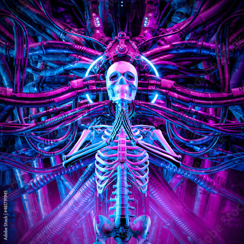 Cyberpunk digital halo skeleton - 3D illustration of science fiction praying meditating skeletal figure hardwired to complex alien machinery