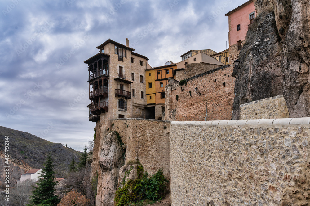 hanging house no cliff with wooden balconies in Cuenca, Spain.