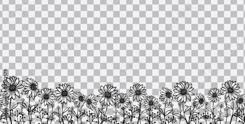 Hand drawn border, frame of small outline black chamomiles or daisy in doodle style, horizontal bottom edging,decoration.Vector illustration for birthday, greeting card, sale banner, for kids textile.