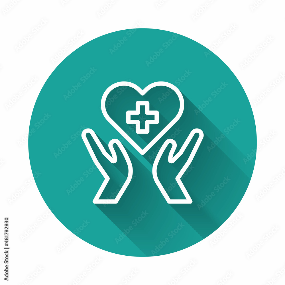 White line Heart with a cross icon isolated with long shadow background. First aid. Healthcare, medical and pharmacy sign. Green circle button. Vector White line Heart with a cross icon isolated with long shadow background. First aid. Healthcare, medical and pharmacy sign. Green circle button. Vector