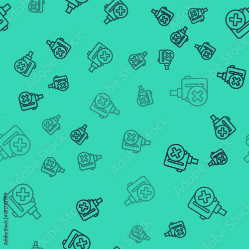 Black line Electronic cigarette icon isolated seamless pattern on green background. Vape smoking tool. Vaporizer Device. Vector