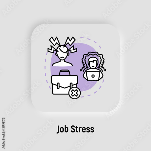 Job stress, burnout concept with thin line icons, working fatigue, overworked man. Professional crisis, low activity, deadline, annoyance. Vector illustration.