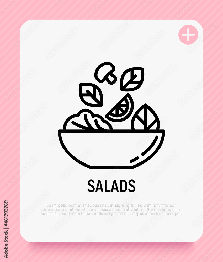 Salad in bowl thin line icon. Ingredients are falling in bowl: lemon, champignon, lettuce. Healthy food. Modern vector illustration for salad bar. Salad in bowl thin line icon. Ingredients are falling in bowl: lemon, champignon, lettuce. Healthy food. Modern vector illustration for salad bar.
