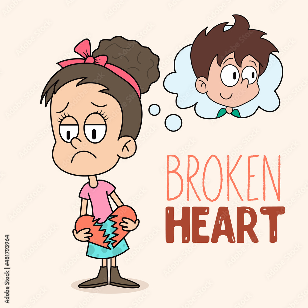 Cartoon unrequited love concept. Broken heart illustration. Sad Woman with Broken  Heart thinking about the boy. Stock Vector | Adobe Stock