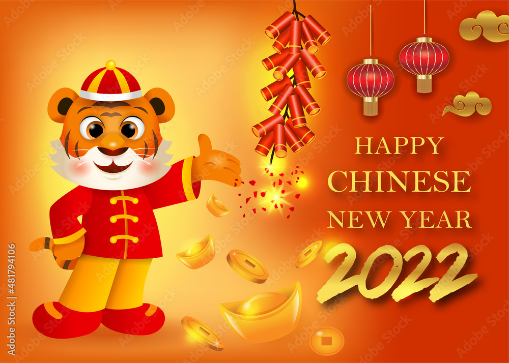 Happy Chinese New Year, Year of the tiger. Cute cartoon tiger in Chinese costume greeting.