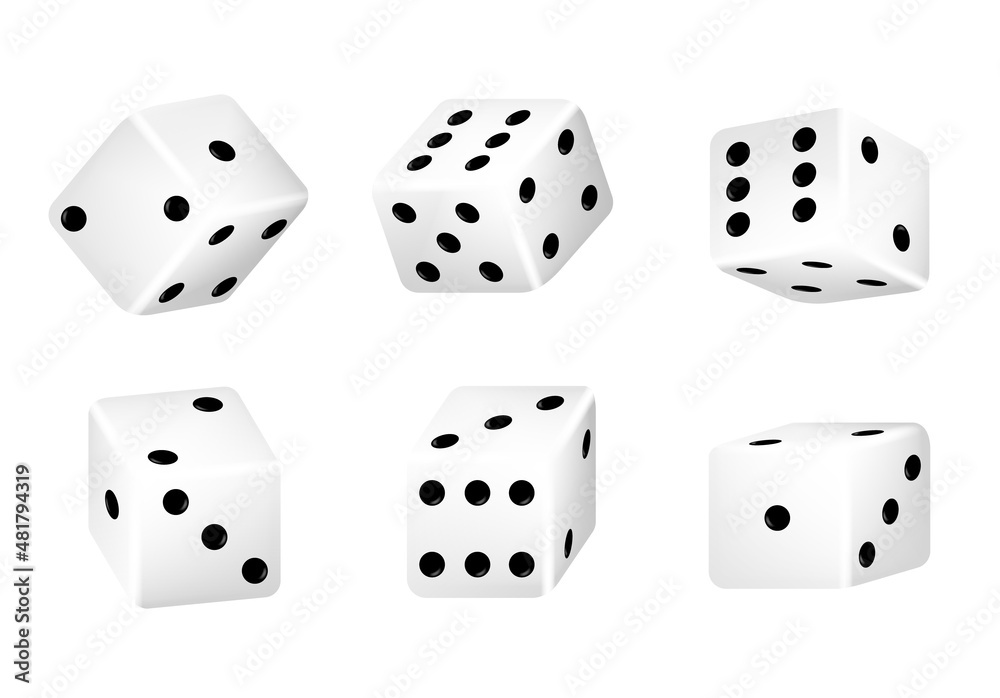 Realistic 3d rolling dice for casino gambling games set of casino craps, poker and tabletop board games Isolated white play dice cubes with black dots or pips in different positions, entertainment Realistic 3d rolling dice for casino gambling games set of casino craps, poker and tabletop board games Isolated white play dice cubes with black dots or pips in different positions, entertainment